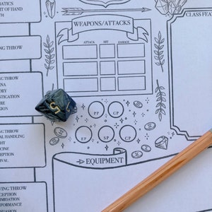 May include: A black and white character sheet for a tabletop role-playing game. The sheet includes sections for weapons, attacks, equipment, and skills. A black and silver dice is on the sheet.