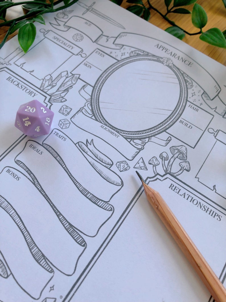 May include: A printable character sheet for role-playing games, featuring a large oval space for a character portrait, sections for character details like appearance, backstory, and relationships, and a space for dice rolls. The sheet is printed on white paper and has a black and white design.