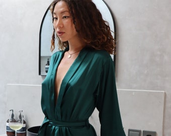 Luxury Mulberry Silk Robe Emerald Green - Wide Sleeves, Tied-Waist Elegance - Feminine Comfort and Style - Gift for Her