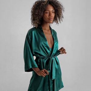 Luxury Mulberry Silk Robe Emerald Green Wide Sleeves, Tied-Waist Elegance Feminine Comfort and Style Gift for Her image 3