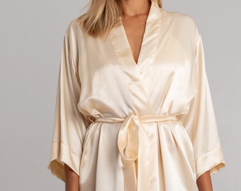 Mulberry Silk Kimono Robe, Cream Beige Bridal Loungewear, Luxury Sleepwear