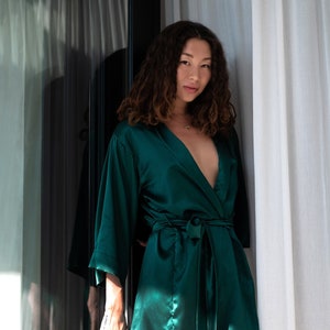 Luxury Mulberry Silk Robe Emerald Green Wide Sleeves, Tied-Waist Elegance Feminine Comfort and Style Gift for Her image 2