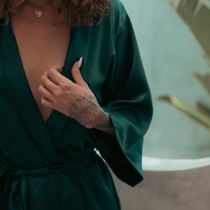 Luxury Mulberry Silk Robe Emerald Green Wide Sleeves, Tied-Waist Elegance Feminine Comfort and Style Gift for Her image 5