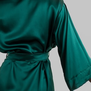 Luxury Mulberry Silk Robe Emerald Green Wide Sleeves, Tied-Waist Elegance Feminine Comfort and Style Gift for Her image 9