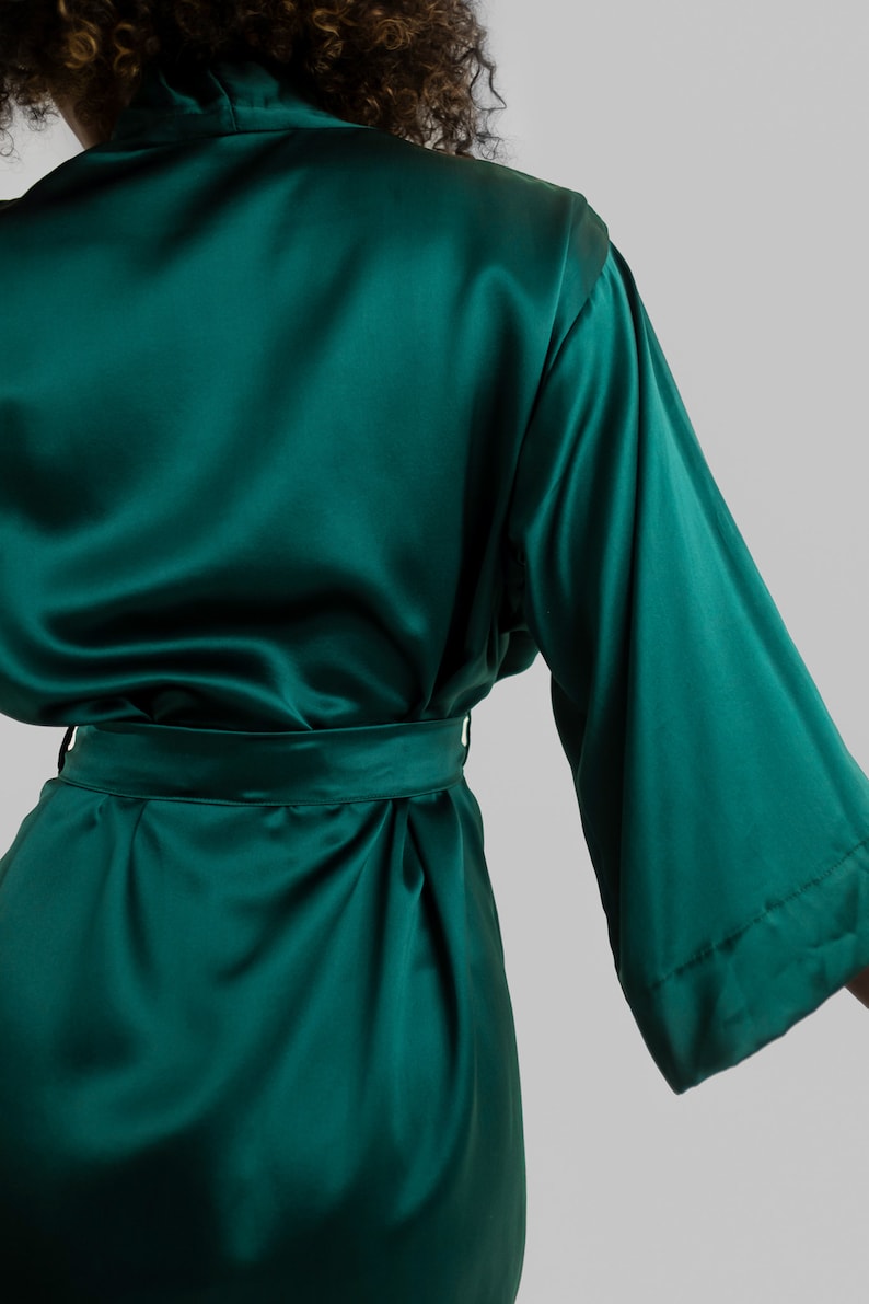 Luxury Mulberry Silk Robe Emerald Green Wide Sleeves, Tied-Waist Elegance Feminine Comfort and Style Gift for Her image 9