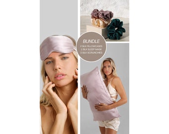 6-Piece Silk Sleep Bundle: 2 Pillowcases & Sleep Mask in LOTUS Colour + 3 Scrunchies - Premium Comfort Set