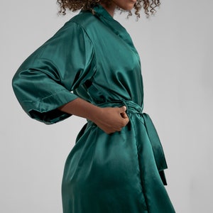 Luxury Mulberry Silk Robe Emerald Green Wide Sleeves, Tied-Waist Elegance Feminine Comfort and Style Gift for Her image 7