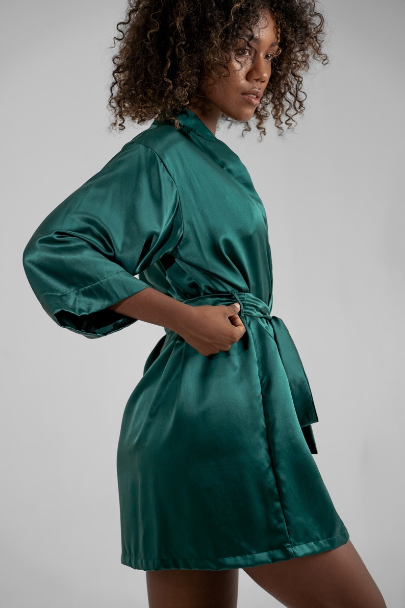 Luxury Mulberry Silk Robe Emerald Green Wide Sleeves, Tied-Waist Elegance Feminine Comfort and Style Gift for Her image 7