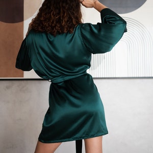 Luxury Mulberry Silk Robe Emerald Green Wide Sleeves, Tied-Waist Elegance Feminine Comfort and Style Gift for Her image 4