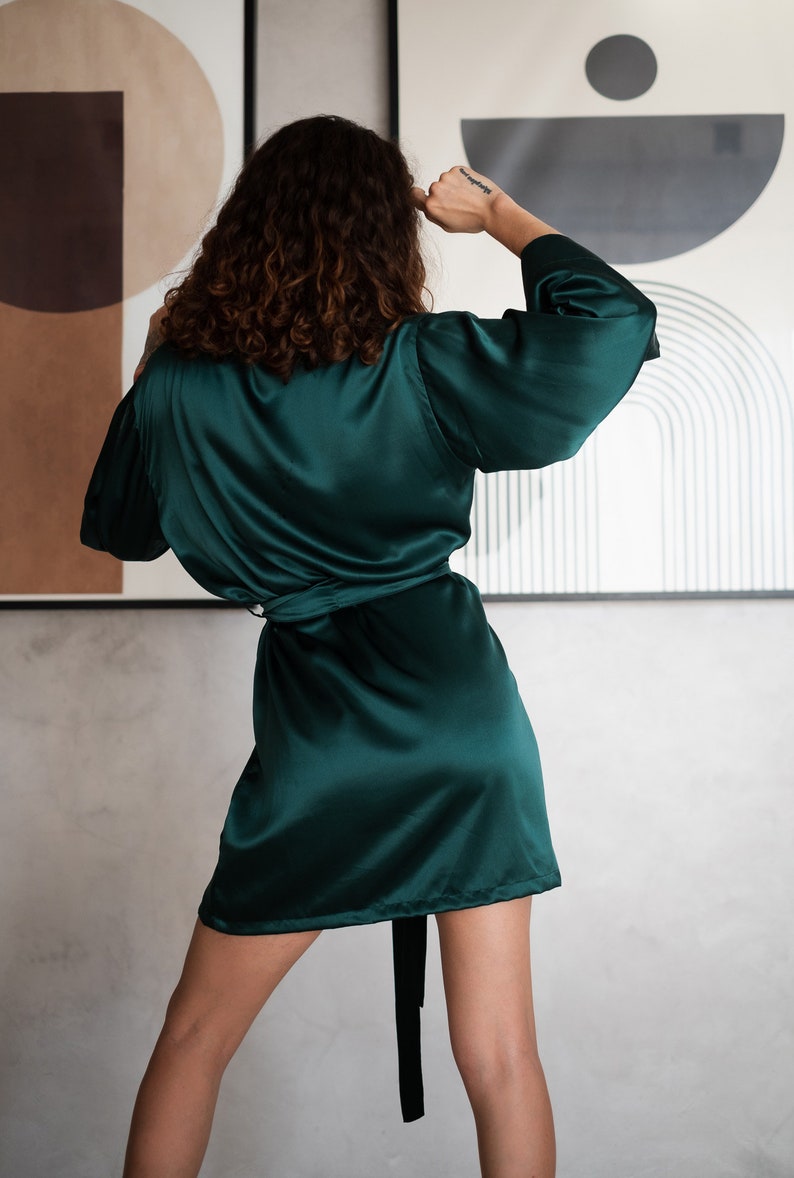 Luxury Mulberry Silk Robe Emerald Green Wide Sleeves, Tied-Waist Elegance Feminine Comfort and Style Gift for Her image 4