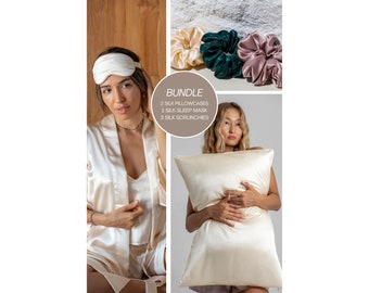6-Piece Silk Sleep Bundle: 2 Pillowcases & Sleep Mask in CHAMPAGNE Colour + 3 Scrunchies - Premium Comfort Set