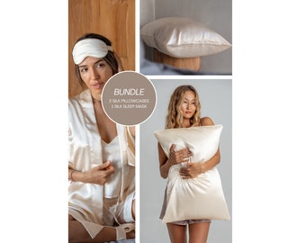 3-Piece Silk Set: 2 Silk Pillowcases + 1 Silk Sleep Mask in CHAMPAGNE Colour - Ultimate Sleep Experience - Premium Comfort Bundle