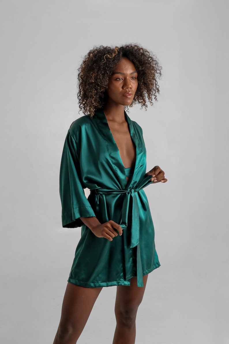 Luxury Mulberry Silk Robe Emerald Green Wide Sleeves, Tied-Waist Elegance Feminine Comfort and Style Gift for Her image 3