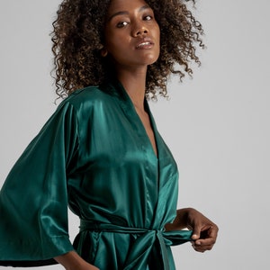 Luxury Mulberry Silk Robe Emerald Green Wide Sleeves, Tied-Waist Elegance Feminine Comfort and Style Gift for Her image 8
