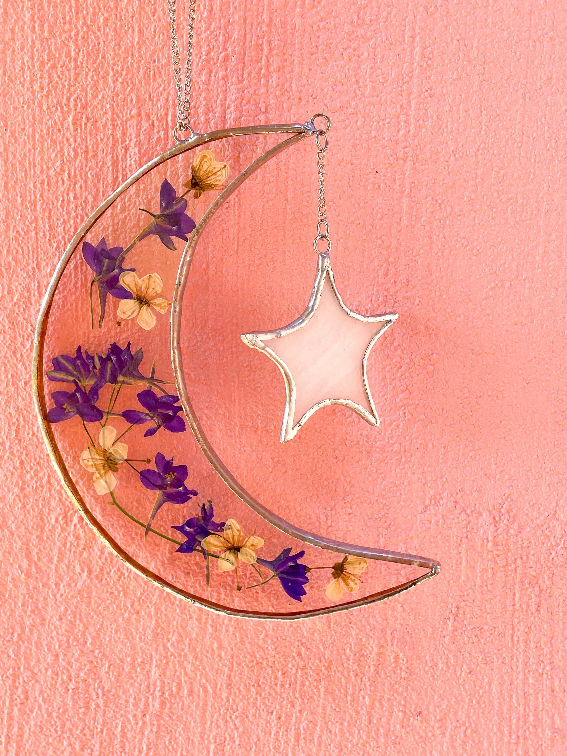 Stained Glass Moon With Star Crescent With Pressed Flowers Frame