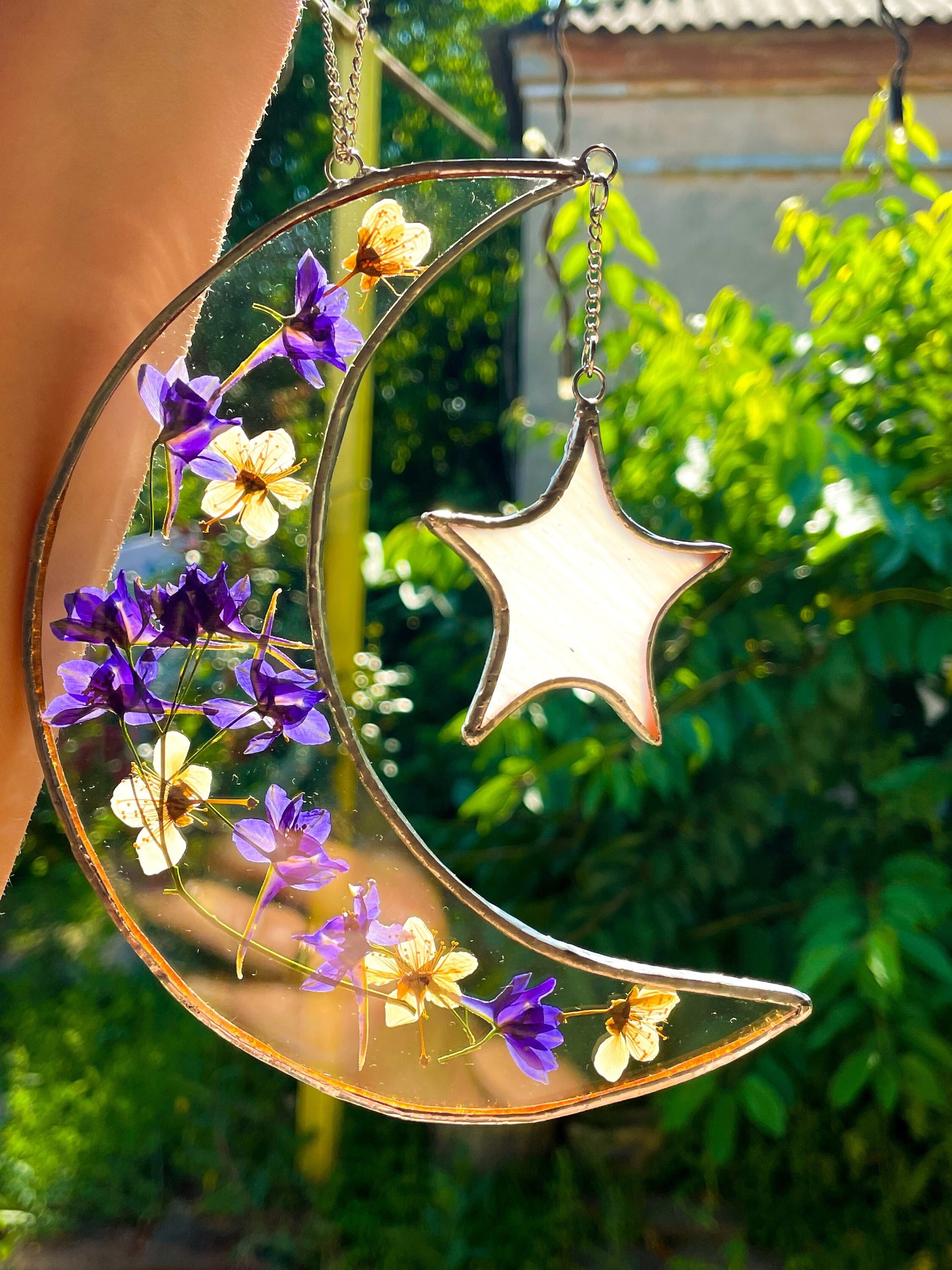 Stained Glass Moon With Star Crescent With Pressed Flowers Frame