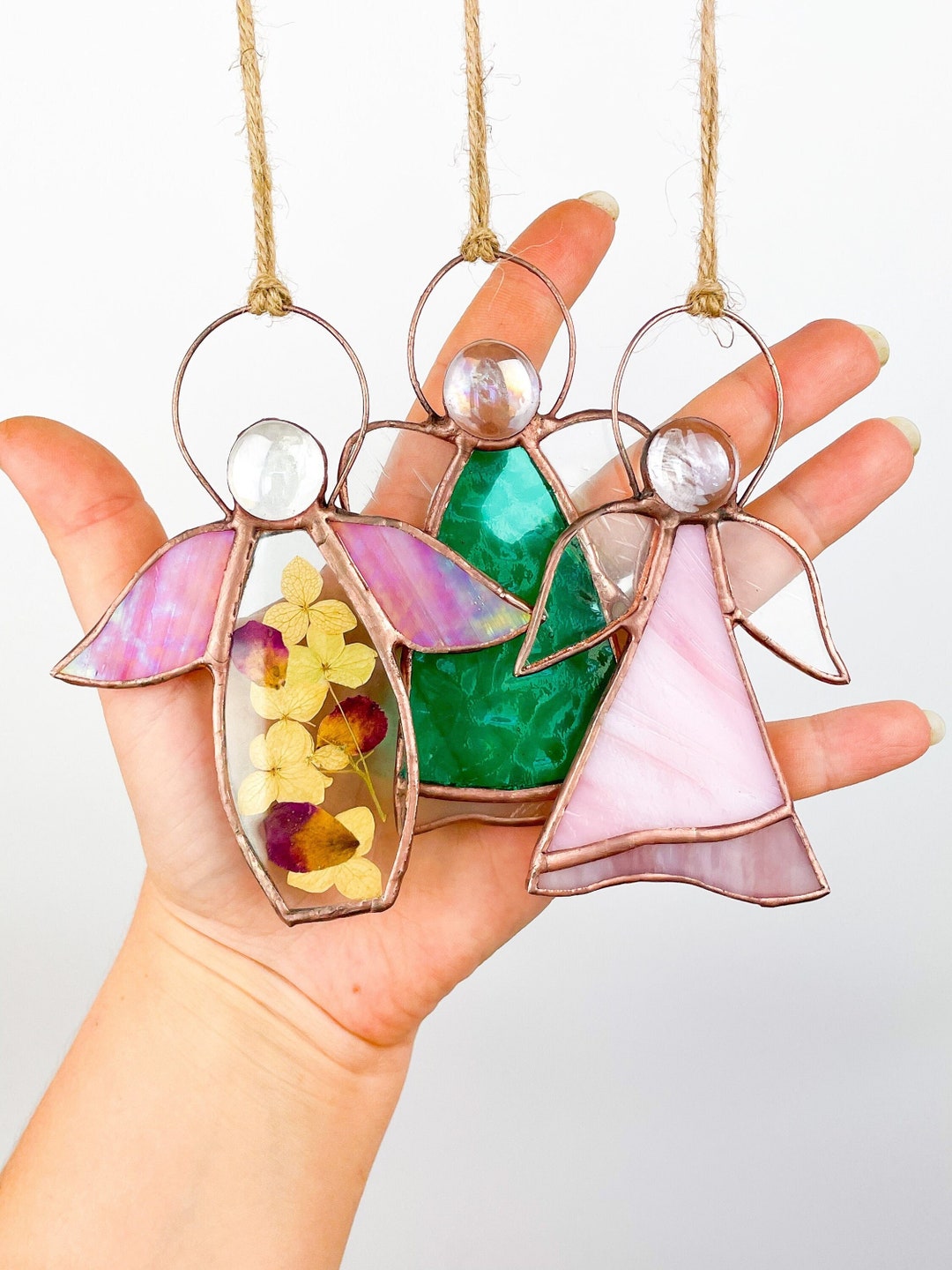 Set of 3 Glass Angels Suncatcher With Pressed Flower Frame Stained