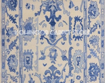 CREAM & BLUE Oushak Rug Turkish Knot Rug 9x12 | 8x10 Antique oushak rug HandKnotted Wool Rug | Vintage Oushak | Area Rug For Living Room
