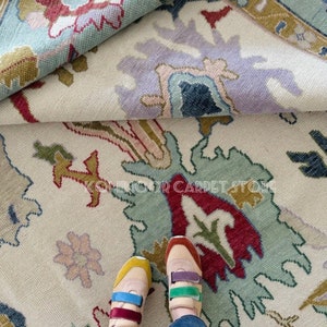 Oushak Rug For Living Room | Contemporary Oushak Rug |  Modern White  With Blue Oushak Rug  Pastel/Sage/Pink/White Rug (Order In Anysize !!)
