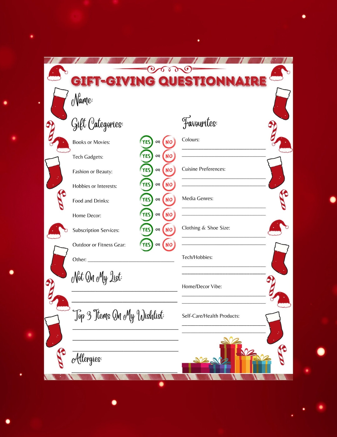 Secret Santa Gift Ideas Questionnaire Quiz Gift giving Christmas