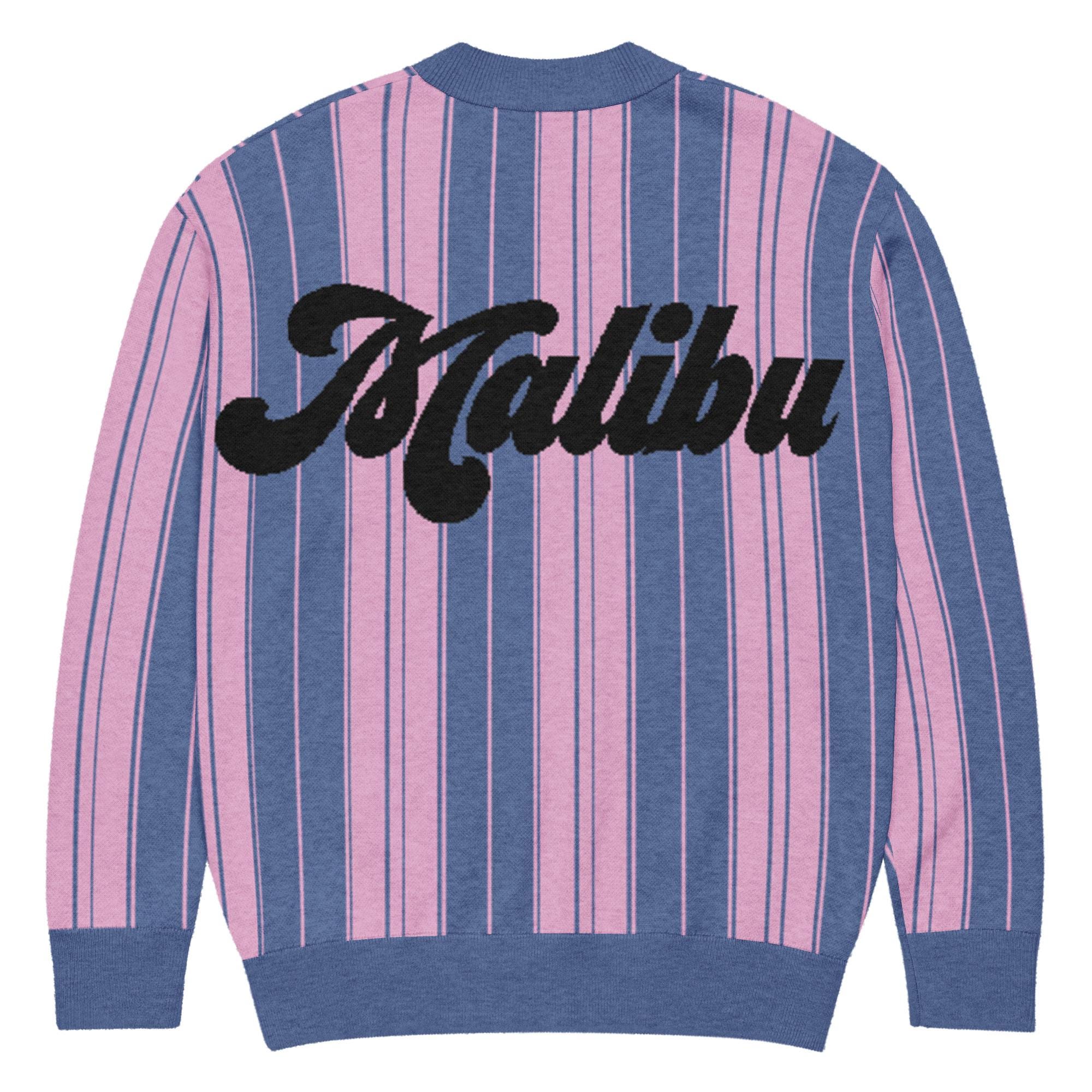 Certified Malibu Local Knitted Sweater – Pink & Blue Striped Knit, Malibu Back Print, Coastal Aesthetic Pullover, Beach Vibes Gift