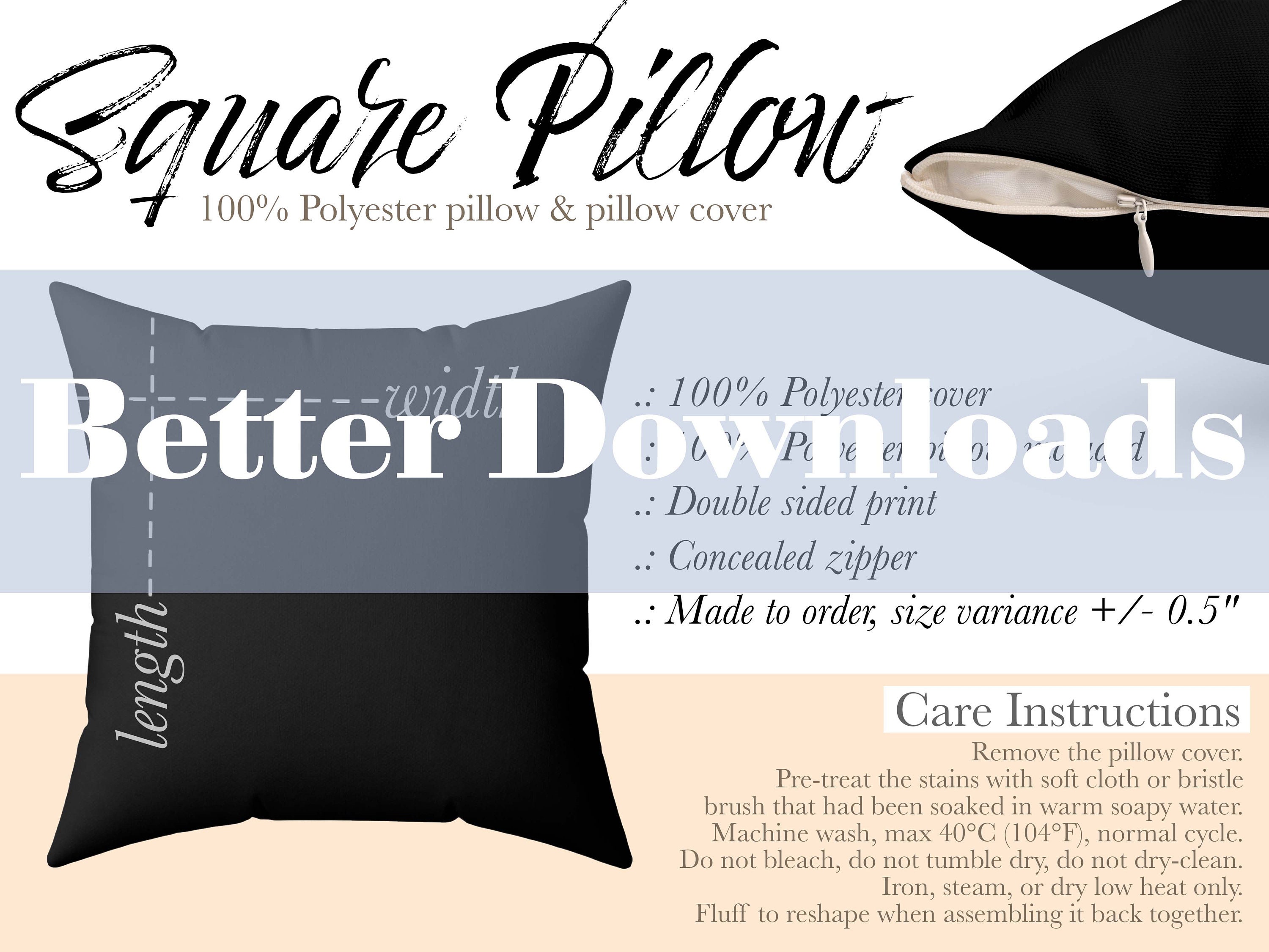 Square Pillow Size Chart and Care Instructions MWW Generic Etsy