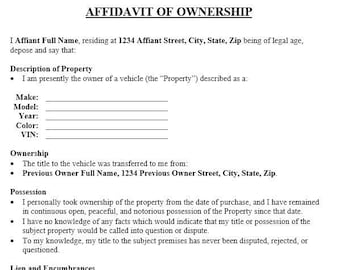 Affidavit of Ownership (Motor Vehicle)