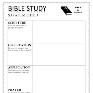 May include: A printable Bible study worksheet with the acronym SOAP, which stands for Scripture, Observation, Application, and Prayer. The worksheet is divided into four sections, each with a title and a space for writing.