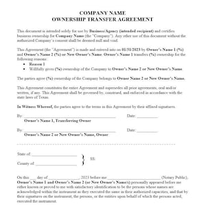Pode incluir: Um documento legal intitulado "Acordo de Transferência de Propriedade" com campos em branco para o nome da empresa, os nomes dos proprietários, as datas e as assinaturas. O documento descreve a transferência de propriedade de uma empresa.