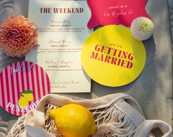 Italian Summer Wedding Invitation Set: Citrus Theme, Bold Colors (Canva Template)