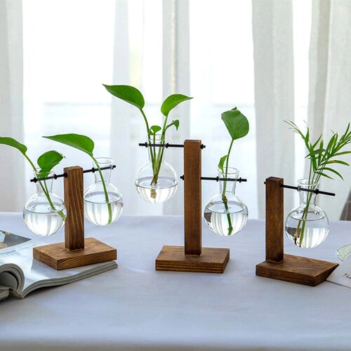 Glass Vase Plant Propagation Station With Wooden Stand Glass Etsy