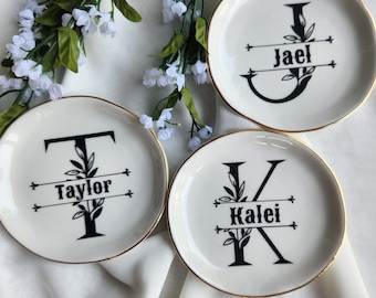 Custom Monogram Ceramic Ring Dish, Gold Rim Wedding Gift