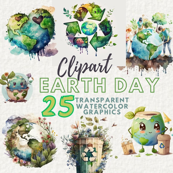 Watercolor Green Leaves Earth Day Design, Watercolor Recycling Clipart, Eco-Friendly Earth Day Clipart - Digital Download