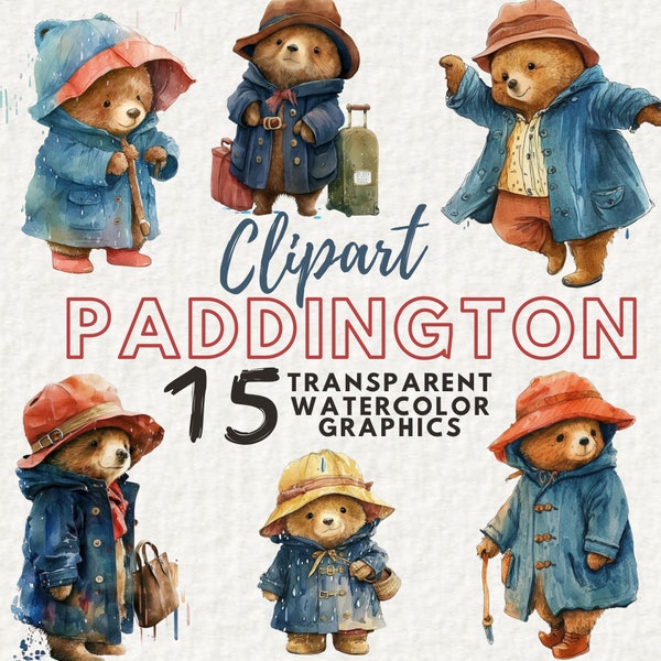 Digital Download: Charming Paddington Bear Watercolor Clipart Set for DIY Projects- Adorable Graphics in PNG Format of the Beloved Character