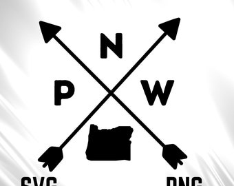 May include: Black and white graphic design featuring a compass with arrows pointing north, west, and south. The state of Oregon is in the center of the compass. The words "SVG" and "PNG" are at the bottom of the design.