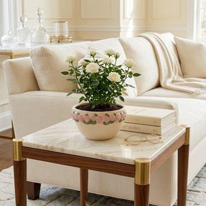 May include: A cream-colored ceramic planter featuring a decorative band of sculpted pink roses and green leaves around the rim. The planter holds a small rose bush with white blossoms and green foliage, resting on a marble-topped side table.