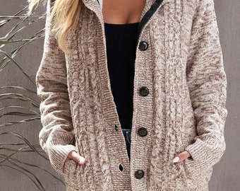 Cable-Knit Fleece Lining Button-Up Hooded Cardigan