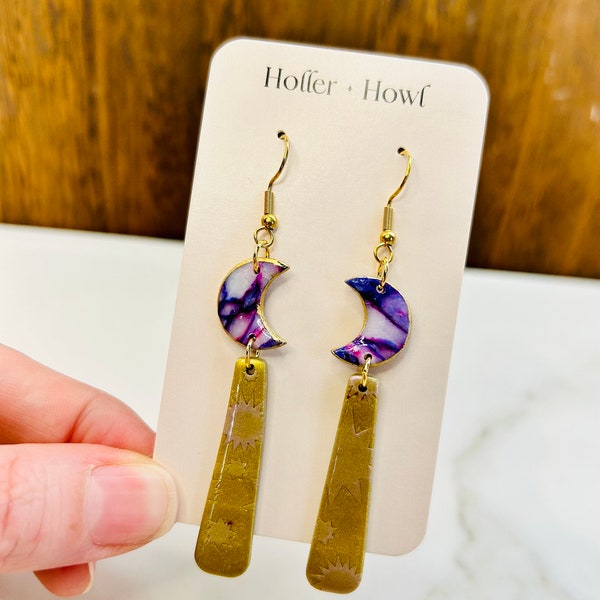 Cosmic purple marble starburst moon crescent earrings