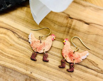 Chickens in boots earrings