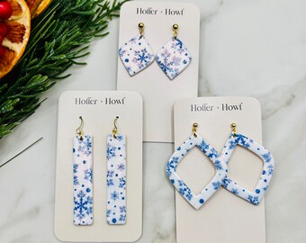 Blue and white sparkle snowflake earrings