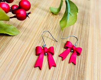 Holiday festive Christmas red bow earrings