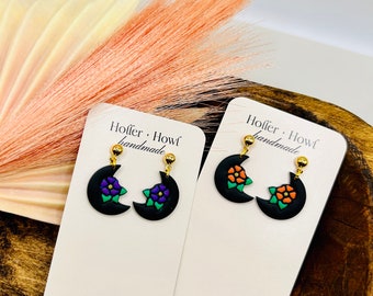 Black flower moon earrings