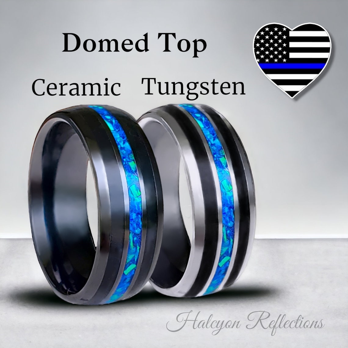 Blue Line Rings For Men Thin Blue Line Ring- Black Ceramic Tungsten Band With Blue Fire Opals ...