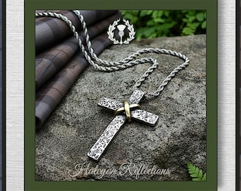 Hammered Sterling Silver Cross Pendant- Men's Women's Rustic Scottish Celtic Style Necklace-Handmade