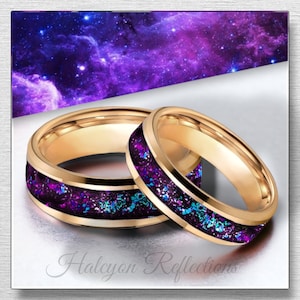 14K Gold Tungsten Galaxy Ring: Purple Nebula Wedding Band