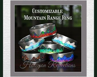 Customizable Mountain Range Ring, Men's Woman's Band, Personalized Ring, 8mm Silver Titanium Stainless Steel, Comfort Fit Ring