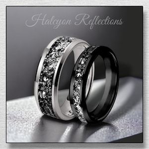 Black Jet And Meteorite Galaxy Ring, Men&#39;s Woman&#39;s Wedding Band, 8mm-6mm-4mm, Tungsten, Ceramic, Modern Ring, Comfort fit Ring