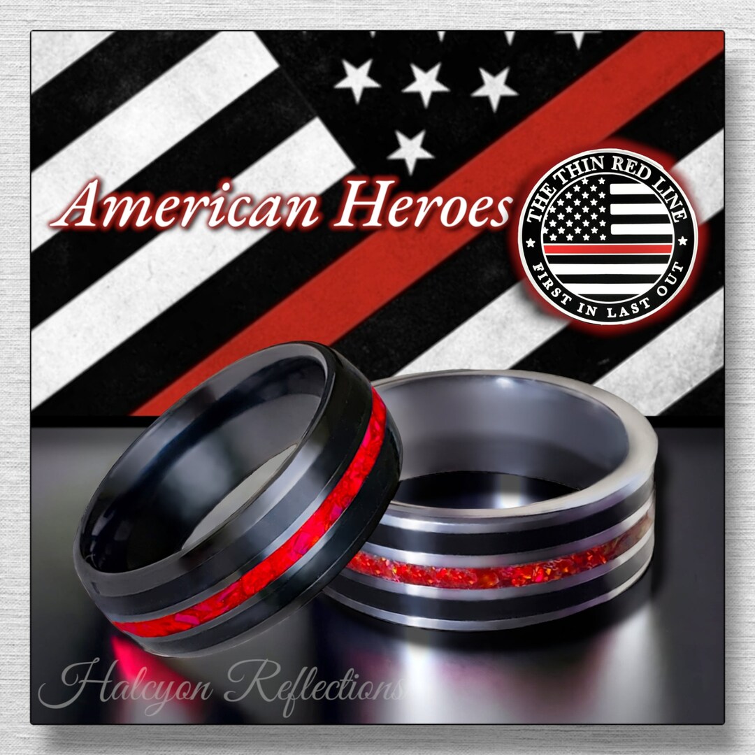 Thin Red Line Ring, Men's Woman's Band, Firefighters Ring, Tungsten