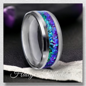 Purple And Green Opal Ring, 8mm-6mm-4mm, Man&#39;s Woman&#39;s Wedding Band, Black Ceramic, Couple&#39;s rings, Matching rings, Comfort Fit