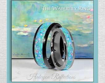 Colorful Opal Glow Ring- Monet Water-Lilies-Woman's Men's Wedding Band- Anniversary Statement 4mm, 6mm, 8mm-Comfort Fit